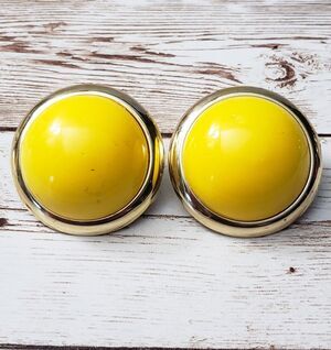 Vintage Clip On Earrings - Large Domed Yellow with Gold Tone Halo Statement 1.5"